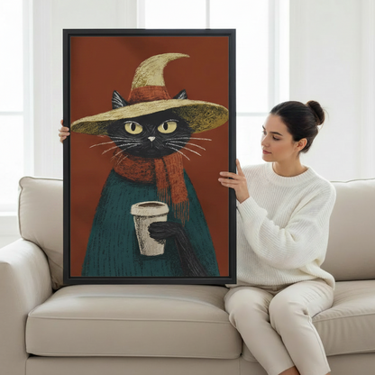 Woman sitting on a cream sofa holding a large black-framed canvas art print of a black cat in a witch hat and rust-red scarf clutching a takeaway coffee cup on a terracotta background