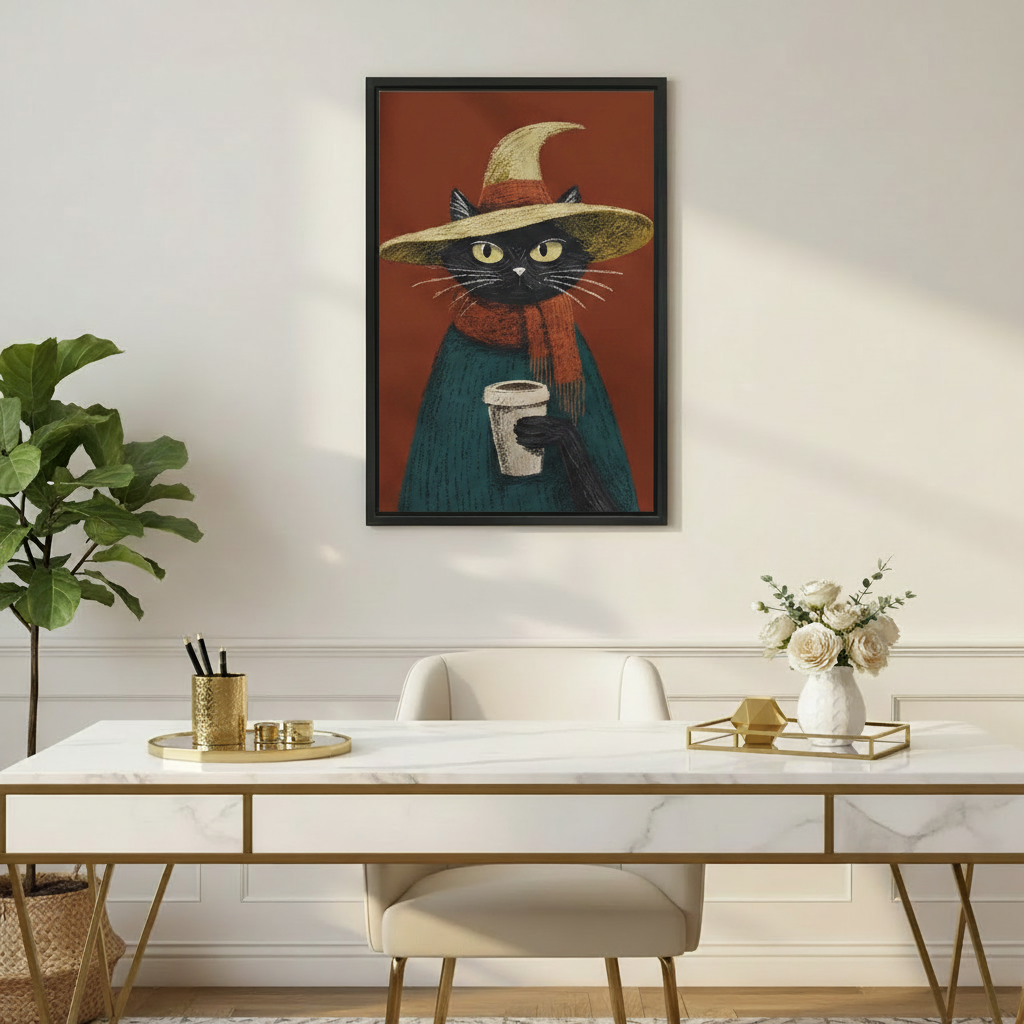 Framed black cat in witch hat and teal sweater holding a coffee cup, displayed above a marble and gold home office desk with white roses and gold stationery accessories