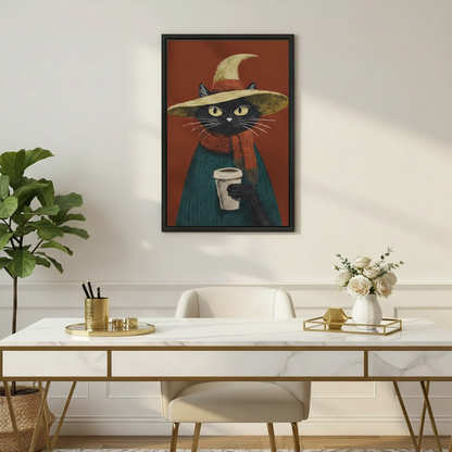 Framed black cat in witch hat and teal sweater holding a coffee cup, displayed above a marble and gold home office desk with white roses and gold stationery accessories