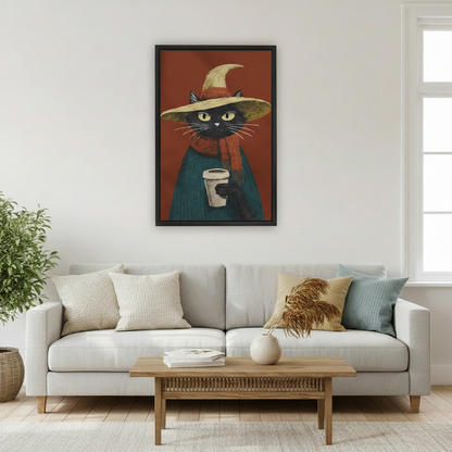 Black framed moody black cat witch hat wall art hung above a light grey sofa in a Scandinavian living room, featuring a teal-cloaked cat with a rust scarf holding a coffee cup on a deep red background