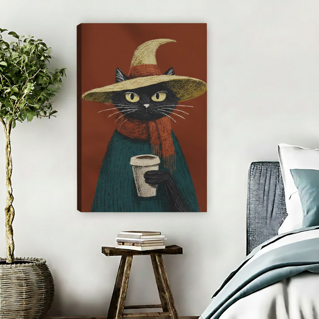 Frameless gallery-wrap canvas of a mysterious black cat wearing a wide-brim witch hat and teal sweater holding a takeaway coffee cup, displayed on a bedroom wall beside a rattan plant and wooden stool