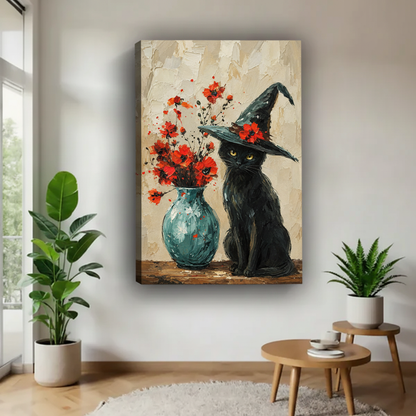 Black cat witch canvas wall art above a cream sofa with plants, a wooden coffee table, and a light rug