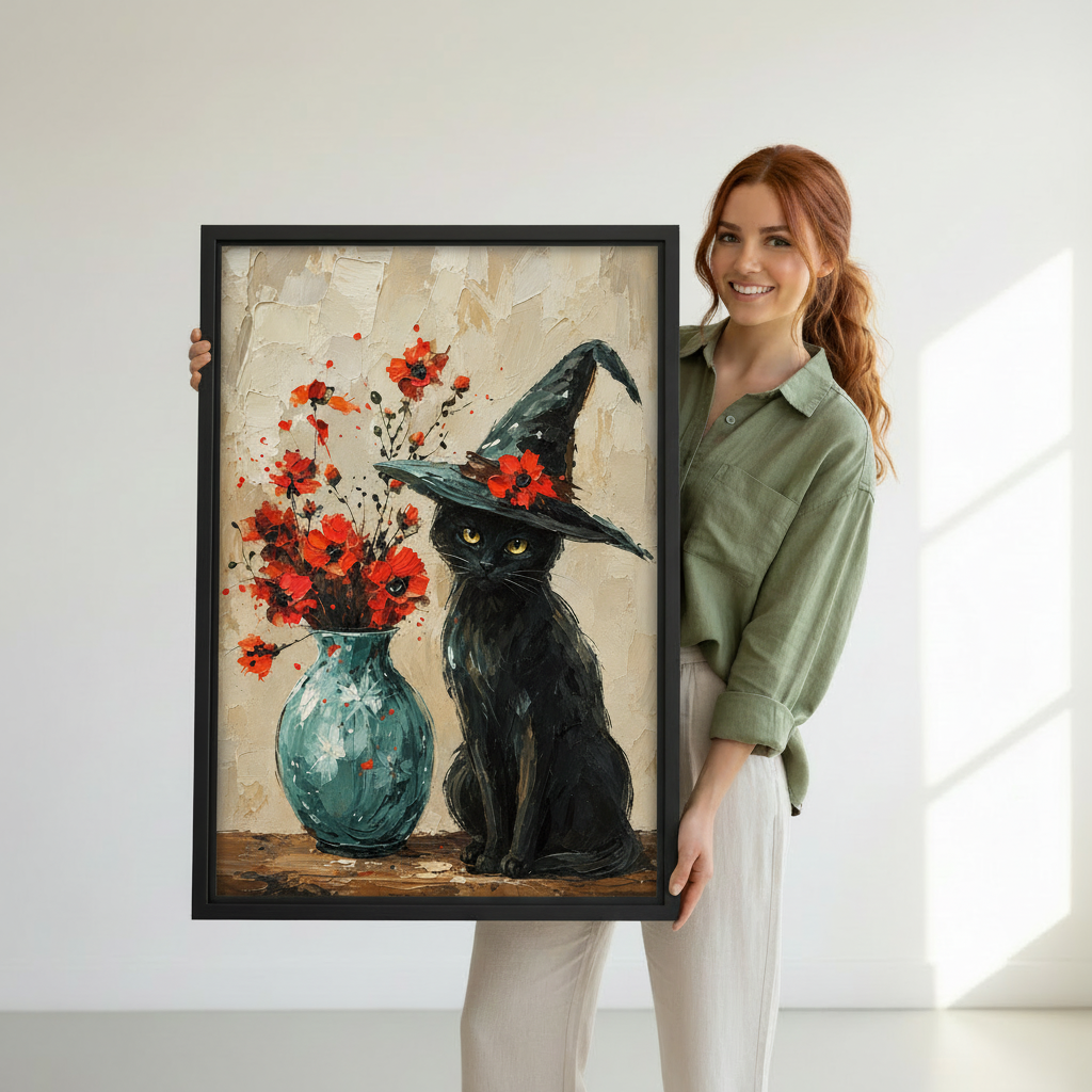 Woman holding black cat witch canvas wall art in a bright white room with natural sunlight