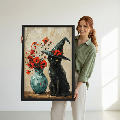Woman holding black cat witch canvas wall art in a bright white room with natural sunlight