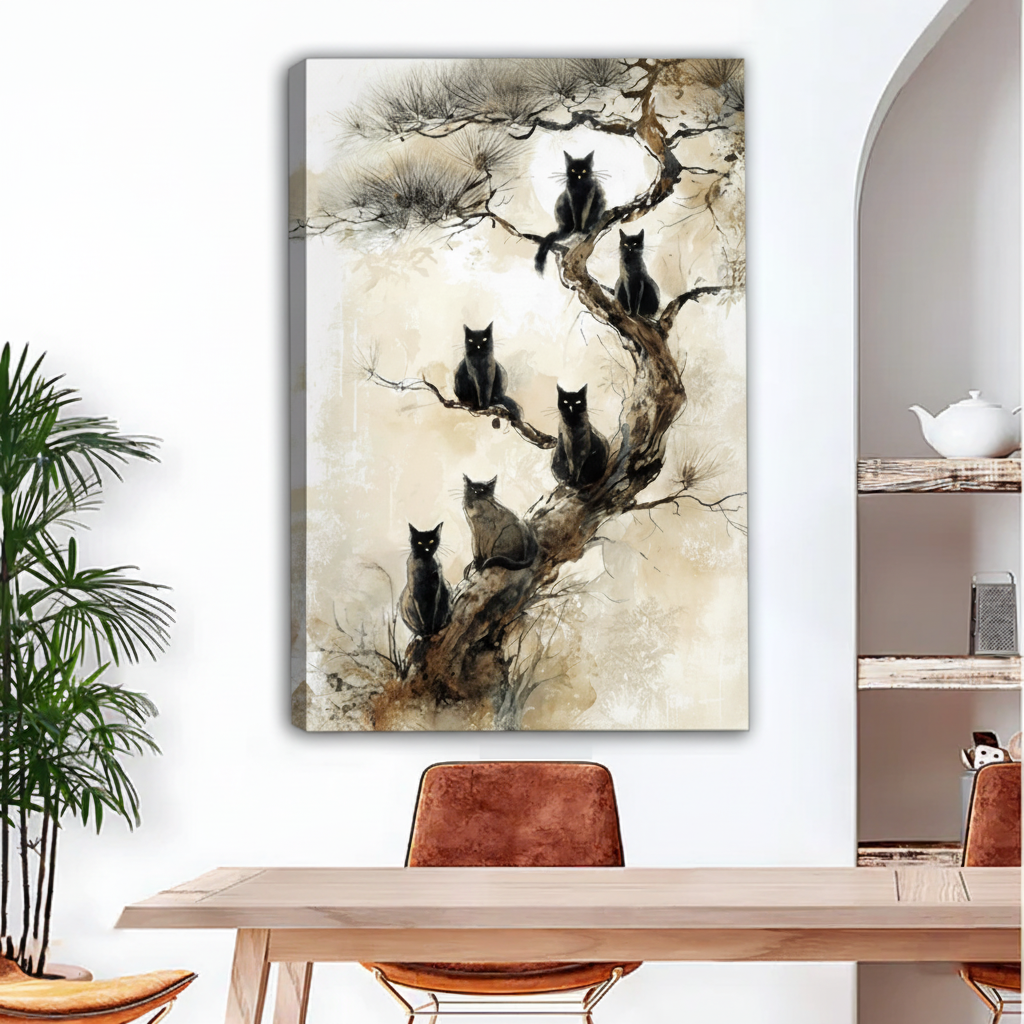 Ink style black cats on ancient tree unframed canvas print displayed above wooden dining table