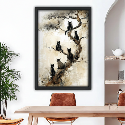 Six black cats perched on gnarled tree branches framed wall art print hung in warm dining room setting