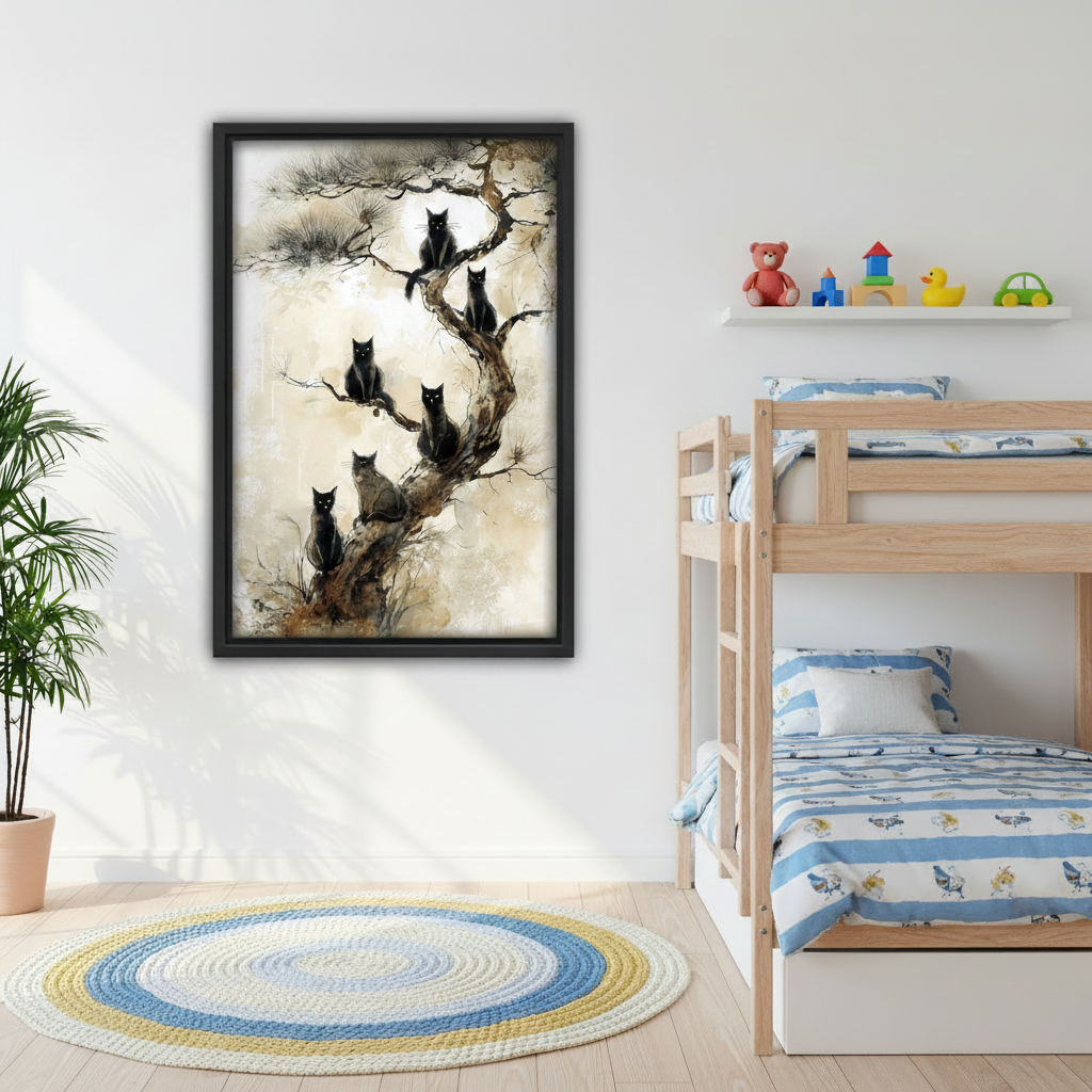 Ink style black cats tree framed wall art displayed in children's bedroom beside wooden bunk bed