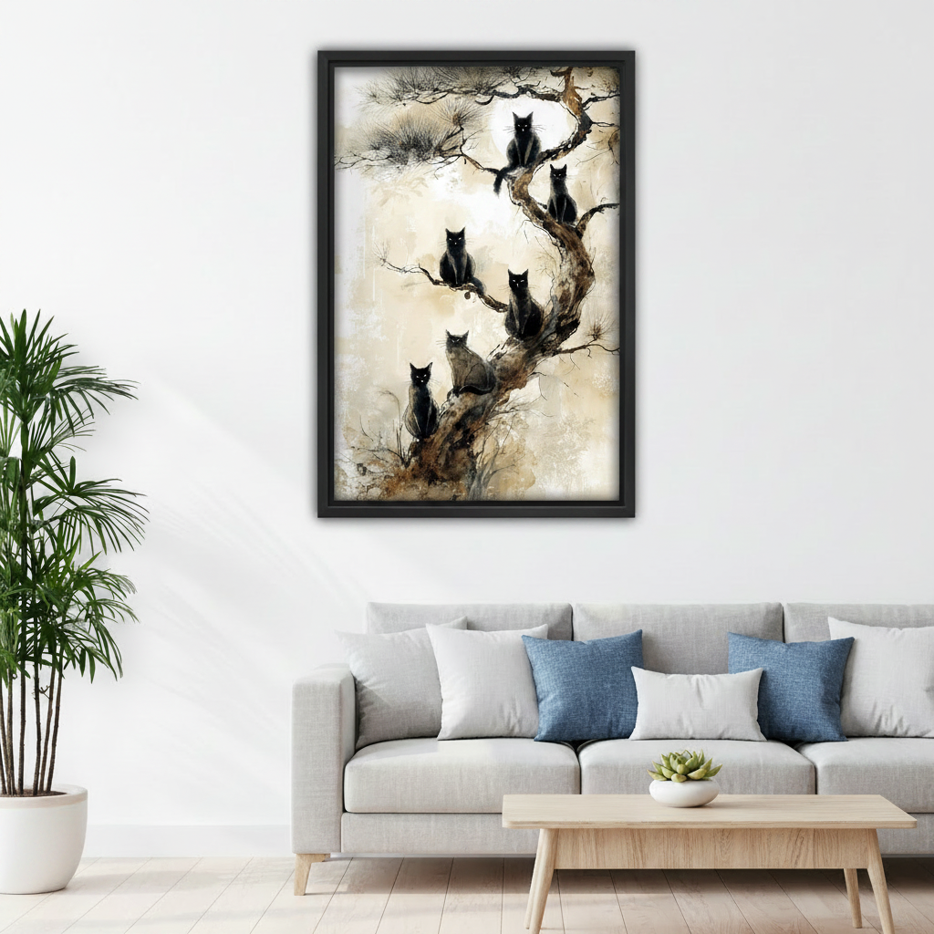 Moody black cats on ancient pine tree framed canvas print hanging above grey sofa in modern living room