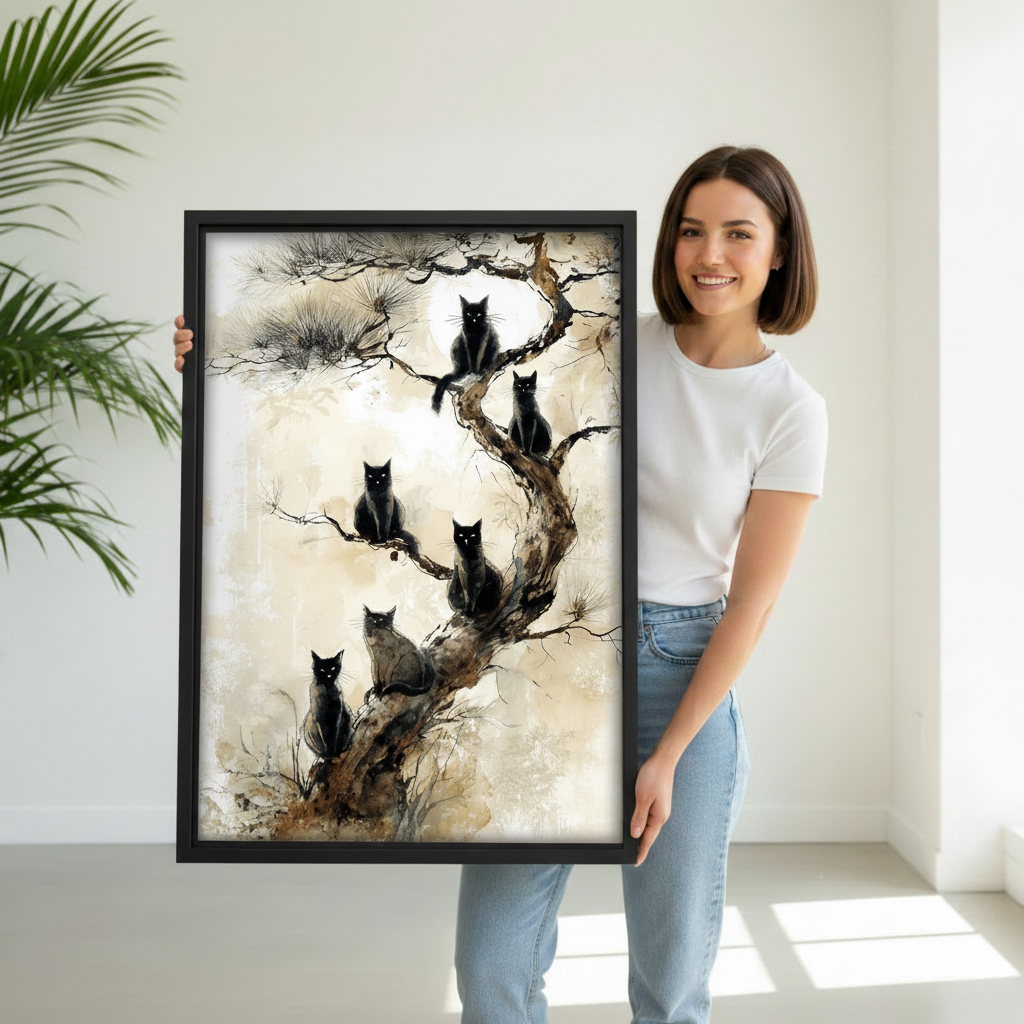 Woman holding large framed ink black cats on ancient tree wall art print showing size scale