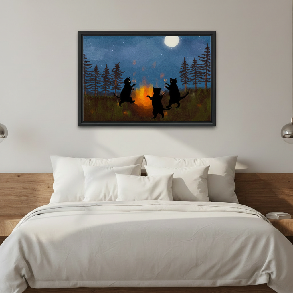 Three black cats campfire night framed canvas print above bed bedroom wall art full moon
