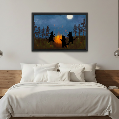 Three black cats campfire night framed canvas print above bed bedroom wall art full moon