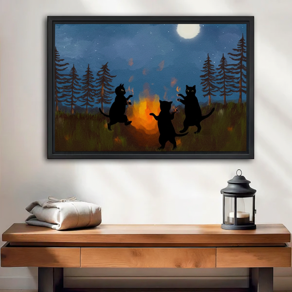 Black cats campfire moonlit night framed wall art above wooden console table home decor