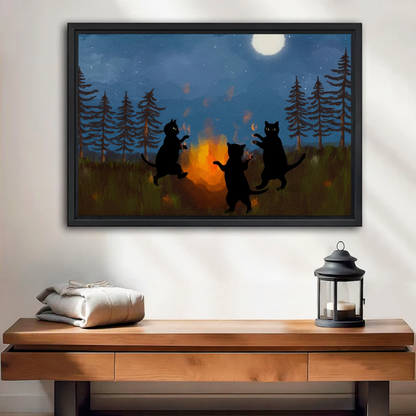 Black cats campfire moonlit night framed wall art above wooden console table home decor