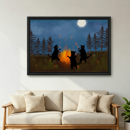 Black cats dancing campfire whimsical framed canvas wall art above sofa living room decor