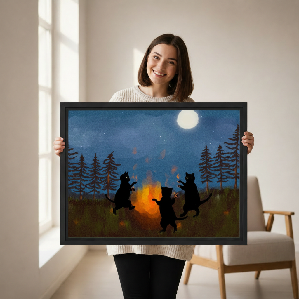 Woman holding black cats campfire whimsical framed canvas print cat lover wall art gift