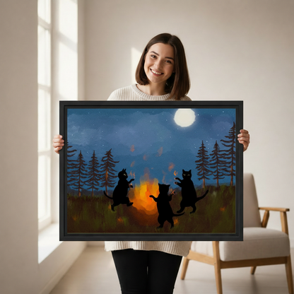 Woman holding black cats campfire whimsical framed canvas print cat lover wall art gift