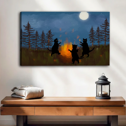 Dancing black cats campfire gallery wrap canvas print above console table entryway decor