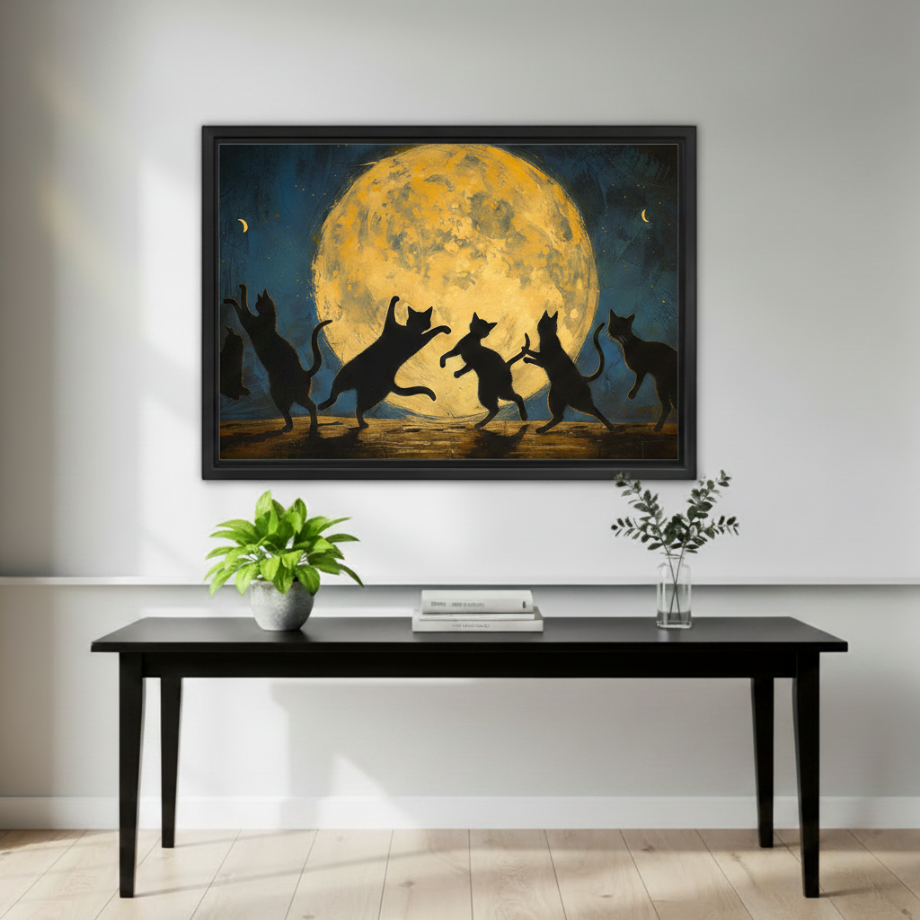 Black framed dancing black cats under golden full moon canvas hung above a sleek black console table in a minimalist entryway with a white potted plant, stacked books, and a glass vase with eucalyptus branches