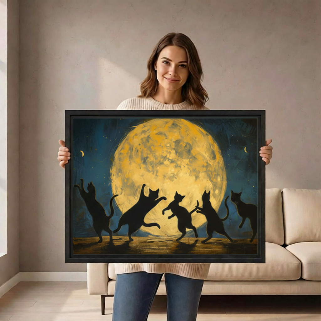 Smiling woman holding a large black-framed canvas art print of five black cat silhouettes dancing joyfully under a glowing golden full moon in a deep teal starry night sky, painted in a bold impressionist oil style