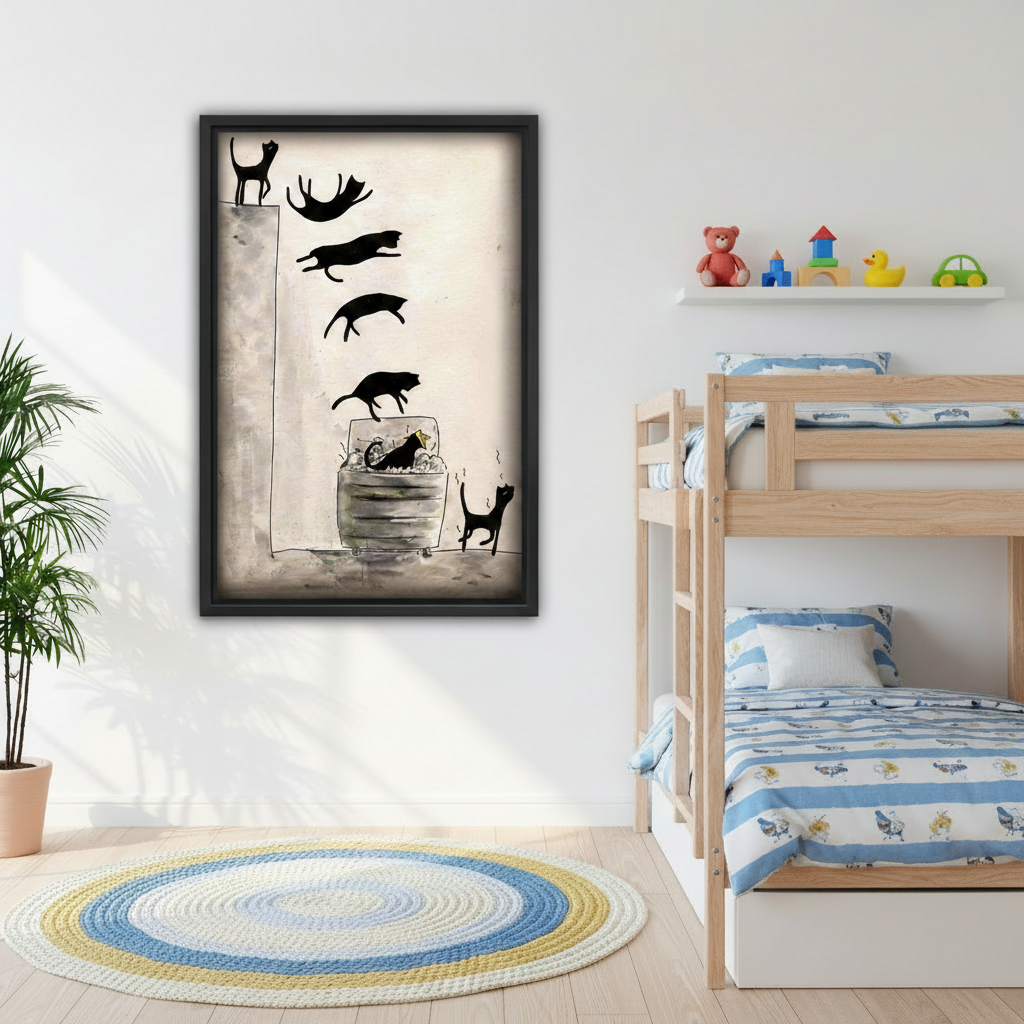 Black framed humorous black cat diving into trash can sequential ink sketch canvas hung in a cheerful kids bedroom beside a wooden bunk bed with blue striped bedding, a colorful round rug, and toy shelf with a teddy bear and rubber duck
