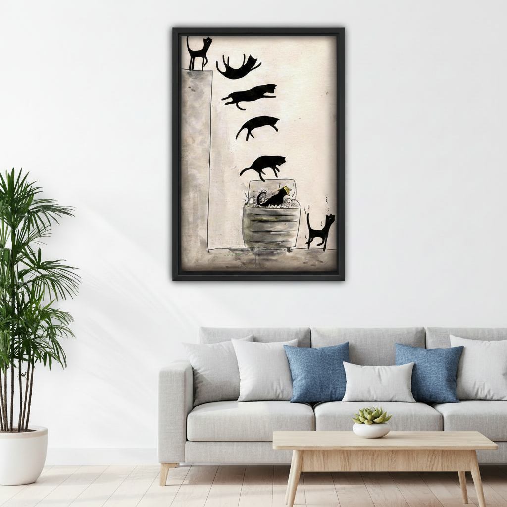 Black framed funny black cat trash can diving sequence ink sketch canvas hung above a light grey linen sofa with blue accent cushions in a bright minimalist living room, featuring seven black cat silhouettes in mid-air tumbling poses on a warm cream background