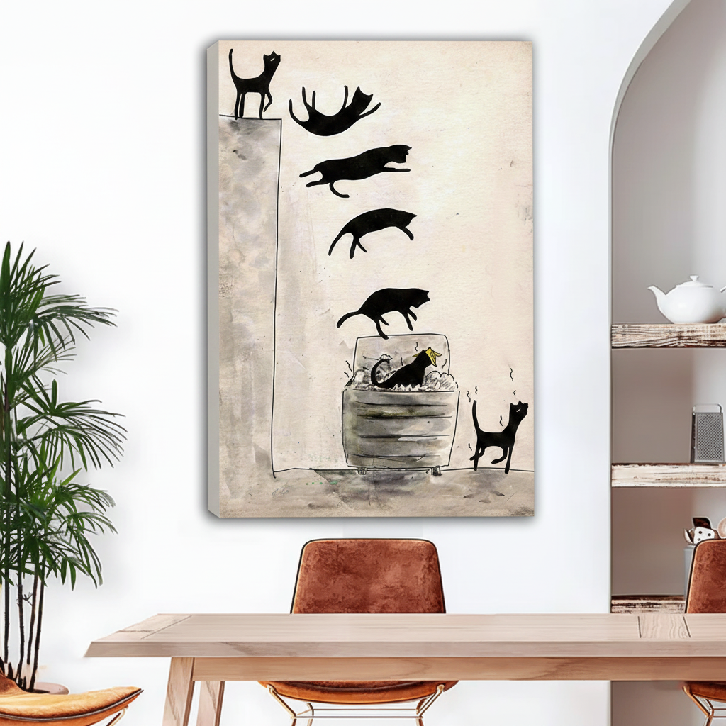 Frameless gallery-wrap canvas of a humorous ink sketch showing seven black cat silhouettes in sequence leaping off a ledge and diving one by one into a trash can, with a startled cat running away beside it, displayed above a light wood dining table with tan leather chairs