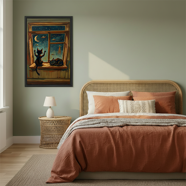 Framed black cats at window canvas wall art displayed above a cream living room sofa.