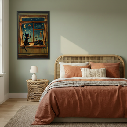 Framed black cats at window canvas wall art displayed above a cream living room sofa.