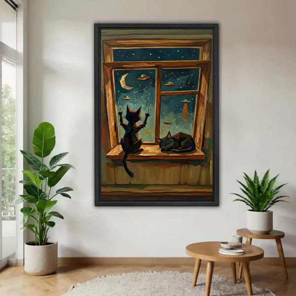 Woman holding framed black cats at window canvas wall art with a crescent moon and starry sky.