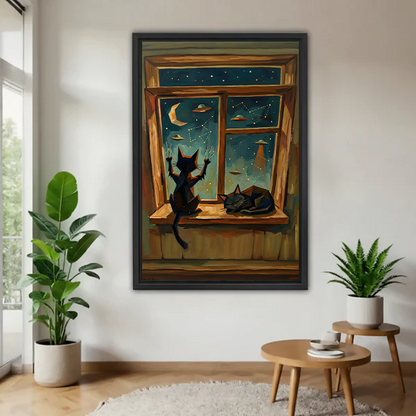 Woman holding framed black cats at window canvas wall art with a crescent moon and starry sky.