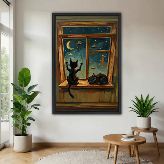 Woman holding framed black cats at window canvas wall art with a crescent moon and starry sky.