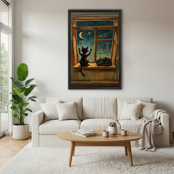 Black cats at window canvas wall art in a black frame between indoor plants.