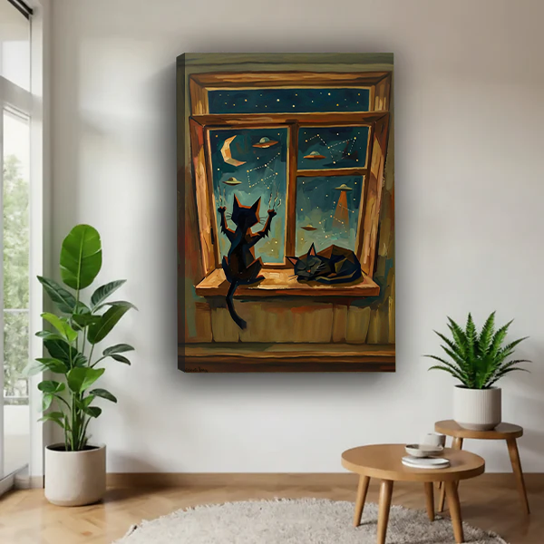 Unframed black cats at window canvas wall art displayed between plants in a bright room.