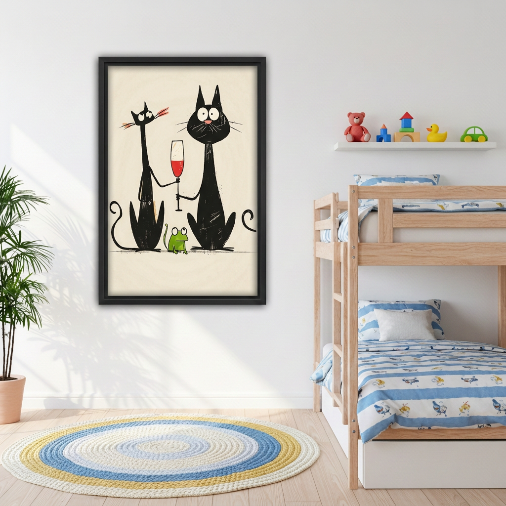 Framed black cats and wine canvas beside wooden bunk beds.