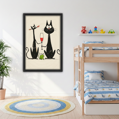 Framed black cats and wine canvas beside wooden bunk beds.