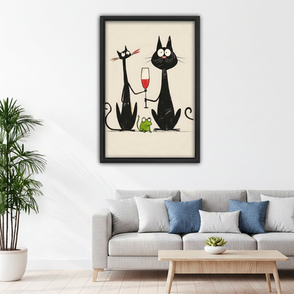 Framed black cats and wine canvas above a light gray sofa