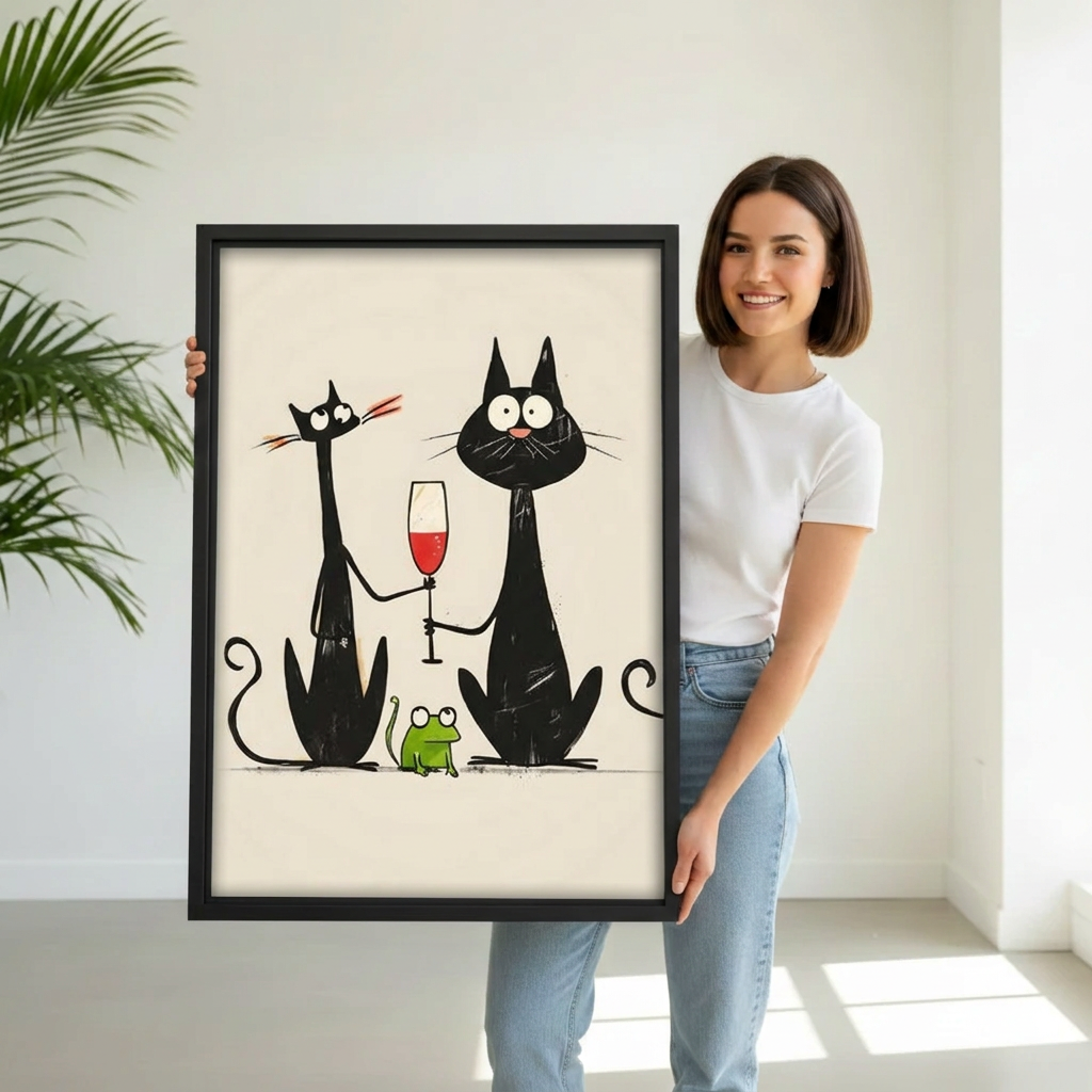Woman holding framed black cats and wine canvas wall art.