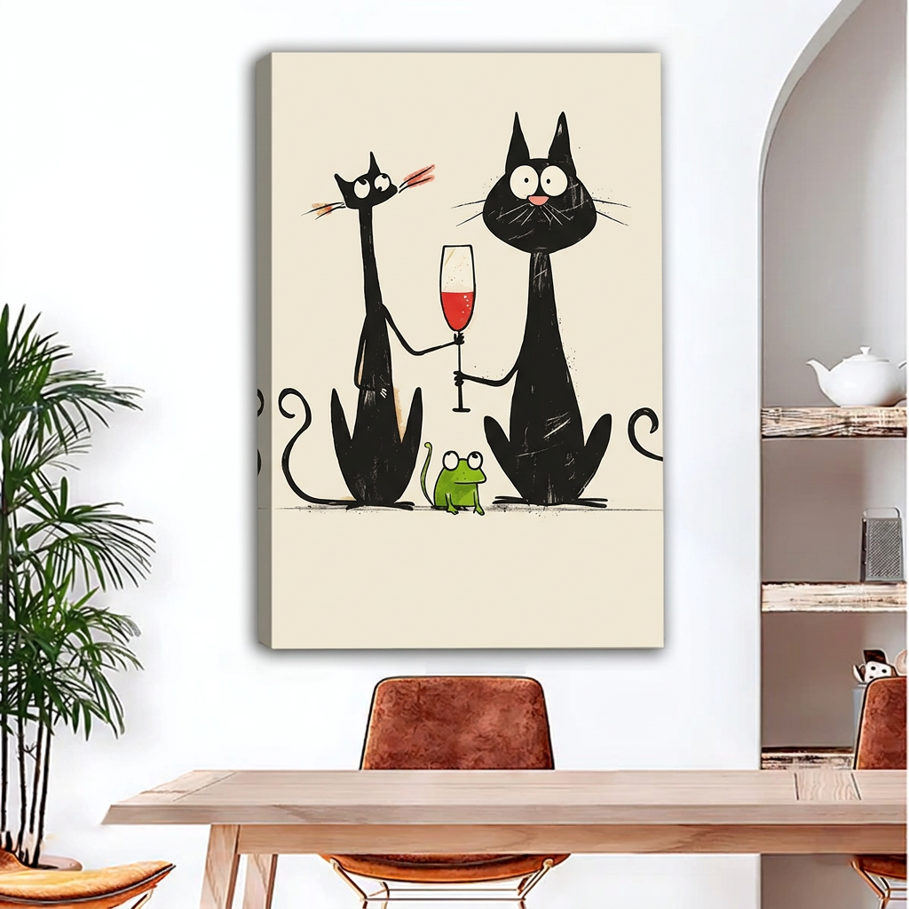 Unframed black cats and wine canvas with a small green frog.
