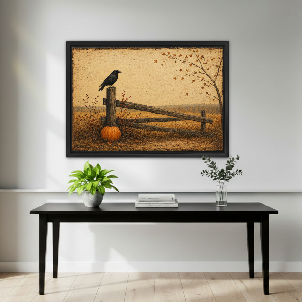 Black crow perched on wooden fence post beside orange pumpkin in golden autumn field with bare tree framed canvas above black console table