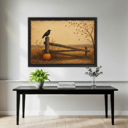 Black crow perched on wooden fence post beside orange pumpkin in golden autumn field with bare tree framed canvas above black console table