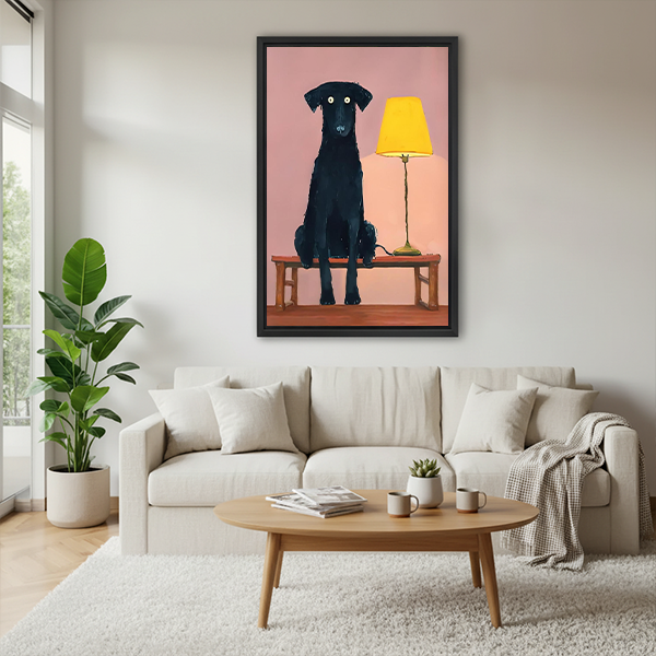 Black-framed black dog and yellow lamp canvas wall art in a whimsical painterly style, displayed between potted plants.