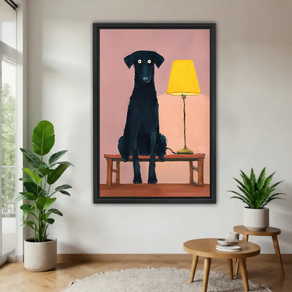 Whimsical black dog and yellow lamp canvas wall art in a black frame above a cream living room sofa.