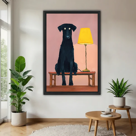 Whimsical black dog and yellow lamp canvas wall art in a black frame above a cream living room sofa.