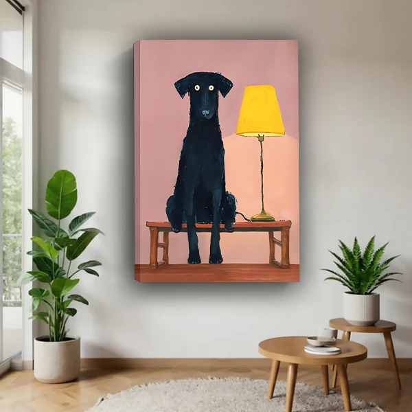 Framed black dog and yellow lamp canvas wall art beside a rattan bed with terracotta bedding.