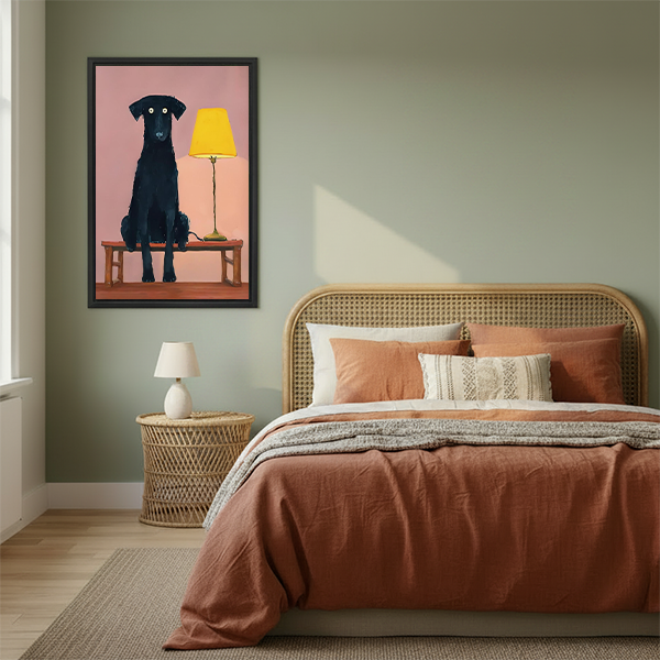 Gallery-wrap black dog and yellow lamp canvas wall art with a pink background, displayed above wooden tables beside plants.