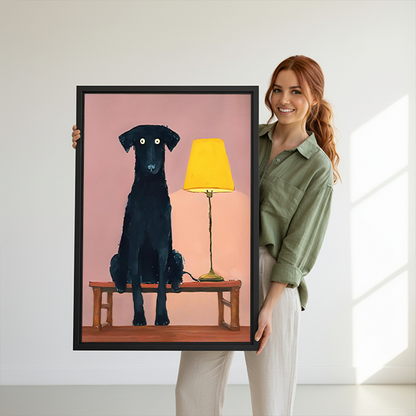 Woman holding framed black dog and yellow lamp canvas wall art featuring a pink background and wooden bench.