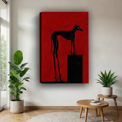 Minimalist black greyhound canvas print on crimson red, frameless gallery wrap wall art for modern interiors