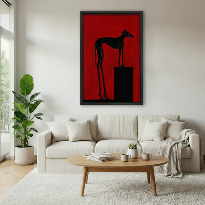  Black greyhound on pedestal framed print above white sofa, contemporary Scandinavian living room wall art