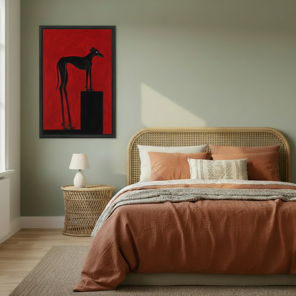  Framed black greyhound red wall art above rattan bed, boho bedroom interior styling