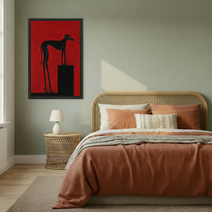  Framed black greyhound red wall art above rattan bed, boho bedroom interior styling